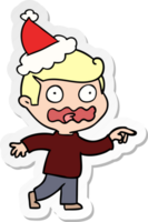 hand drawn sticker cartoon of a stressed out pointing wearing santa hat png