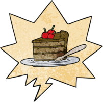 dessin animé coûteux tranche de Chocolat gâteau avec discours bulle dans rétro texture style png