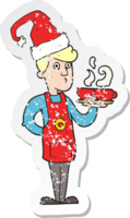 retro distressed sticker of a cartoon barista serving coffee at christmas png