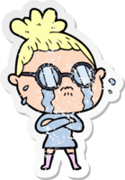 distressed sticker of a cartoon crying woman wearing spectacles png