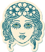 iconic distressed sticker tattoo style image of female face with crown of flowers png