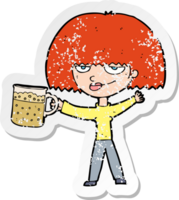 retro distressed sticker of a cartoon woman with mug of beer png