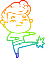 rainbow gradient line drawing of a happy cartoon man kicking png
