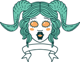 Retro Tattoo Style tiefling character face with scroll banner png