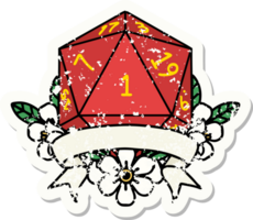 grunge sticker van een natuurlijk een d20 Dobbelsteen rollen png