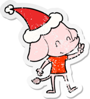 mignonne main tiré affligé autocollant dessin animé de une l'éléphant portant Père Noël chapeau png