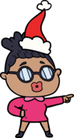 hand drawn line drawing of a pointing woman wearing spectacles wearing santa hat png