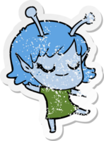distressed sticker of a smiling alien girl cartoon png