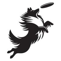 Shetland Sheepdog - A Sheltie leaping toward a flying disc illustration in black and white vector