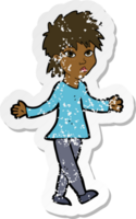 retro distressed sticker of a cartoon woman shrugging shoulders png