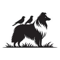 Shetland Sheepdog -A Sheltie two birds on the neck of a dog illustration in black and white vector