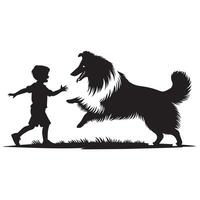 Shetland perro pastor -a sheltie y un niño jugando juntos en un parque ilustración en negro y blanco vector