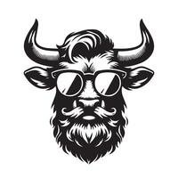 ilustración de un toro hipster barba en negro y blanco vector
