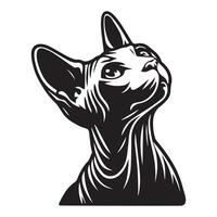 Cat - A thoughtful Sphynx cat face illustration in black and white vector