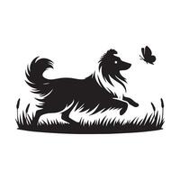 Shetland perro pastor - un sheltie persiguiendo un mariposa en un campo ilustración en negro y blanco vector