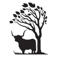 A Highland Cow silhouette standing under a tree leaves falling vector