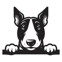 perro echar un vistazo - toro terrier perro echar un vistazo cara ilustración en negro y blanco vector