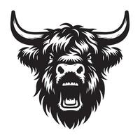 Cattle Face Logo - An outraged Highland cattle face illustration in black and white vector