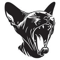 illustration of A sleepy Sphynx cat yawning widely in black and white vector