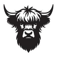 Cattle Face Logo - A serious Highland cattle face illustration in black and white vector