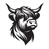 Highland cattle - A proud Highland Cow face illustration in black and white vector