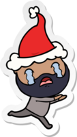 hand drawn sticker cartoon of a bearded man crying wearing santa hat png