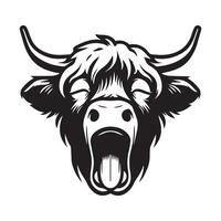Highland cattle - A tired Highland Cow face illustration in black and white vector