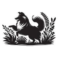 Shetland Sheepdog -A Sheltie playing fetch among garden bushes illustration in black and white vector