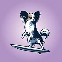 Dog playing surfboards - A Papillon Dog Surfing illustration vector