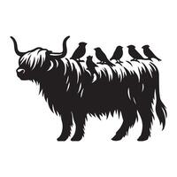 The silhouette of a Highland Cow with birds perched on its back vector