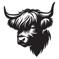 Cattle Face Logo - A pensive Highland cattle face illustration in black and white vector