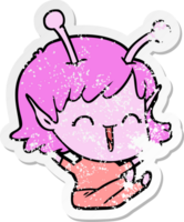 distressed sticker of a cartoon alien girl laughing png