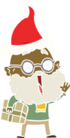 hand dragen platt Färg illustration av en glad man med skägg och paket under ärm bär santa hatt png