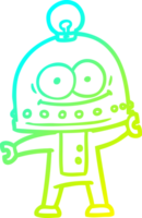 cold gradient line drawing of a happy carton robot with light bulb png