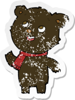 retro distressed sticker of a cartoon black bear wearing scarf png