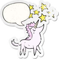 dibujos animados unicornio con habla burbuja afligido afligido antiguo pegatina png