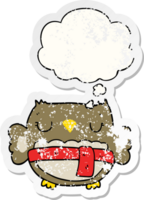 cartoon owl with thought bubble as a distressed worn sticker png
