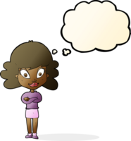 cartoon happy woman with folded arms with thought bubble png