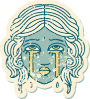 iconic distressed sticker tattoo style image of female face crying png