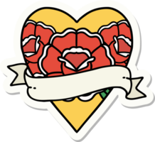 sticker van tatoeëren in traditioneel stijl van een hart en banier met bloemen png