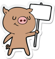 sticker of a happy cartoon pig with placard png