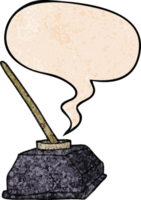 cartoon old ink pot and pen with speech bubble in retro texture style png