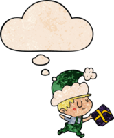 cartoon happy christmas elf with thought bubble in grunge texture style png