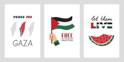 Save Palestine set of posters with lettering and simple hand drawn clipart of watermelon, flag, map. Concept of support and stand with Palestine. Peace For Gaza, Free Palestine, Let Them Live. vector