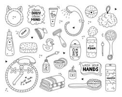 Cute hand drawn doodle set of hygiene items, bathroom and shower accessories. Products for skincare, beauty, body care, self love in trendy style. Soap, microfiber towel, shampoo, cream, duck, oil. vector