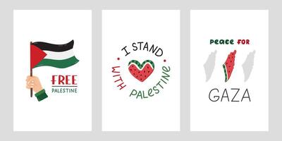 We Stand with Palestine set of posters with lettering and simple hand drawn clipart of Gaza flag in the hand, watermelon in the shape of heart, map of Israel and Gaza. Concept of support Palestine. vector