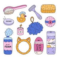 Cute hand drawn doodle set of hygiene items, bathroom and shower accessories. Products for skincare, beauty, body care, self love in trendy style. Soap, microfiber towel, shampoo, cream, duck, oil vector