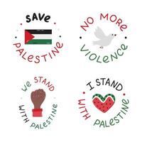 We Stand with Palestine set of icons with lettering and hand drawn clipart. Watermelon slice in the shape of heart, Gaza flag, fist, peace dove,. Concept of Free Gaza for poster, banner, flyer. vector