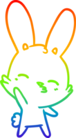 rainbow gradient line drawing of a curious waving bunny cartoon png