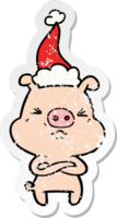 hand- getrokken verontrust sticker tekenfilm van een boos varken vervelend de kerstman hoed png